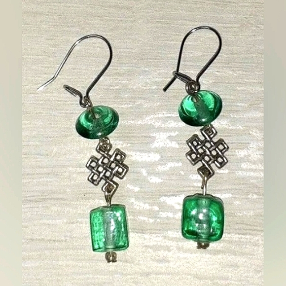 HANDMADE Sea Green Glass & Silver Celtic Knot Beaded Dangle Earrings - Picture 2 of 2